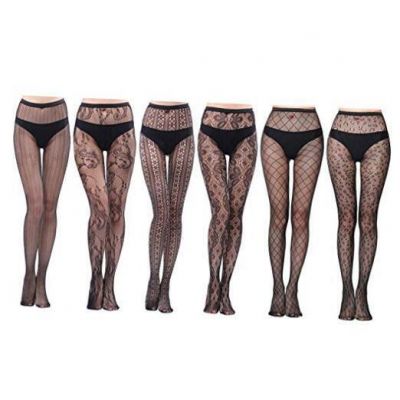 HOVEOX 6 Pairs Lace Patterned Tights Fishnet Floral Stockings One Size Black